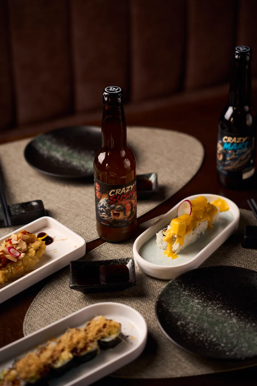 Crazy Sushi Bier mit Sushi-Gerichten
